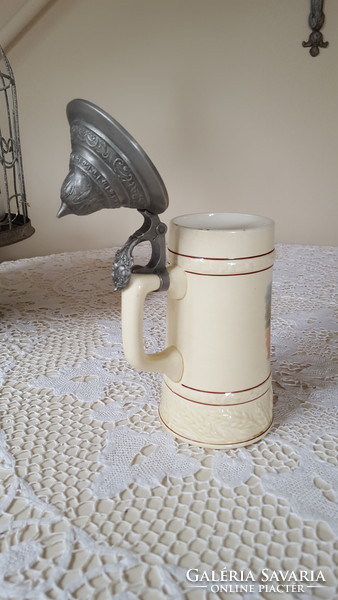 Scenic faience beer mug with tin lid