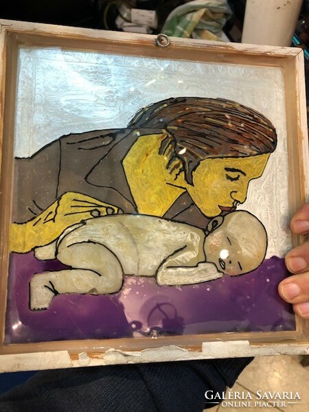 Glass painting, mother with child, size 20 x 20 xm.