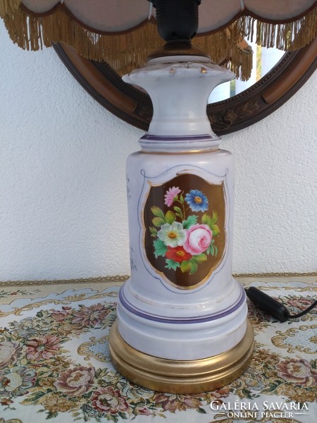 XIX.sz. párizsi kézi festett porcelán lámpa antik csipke ernyővel