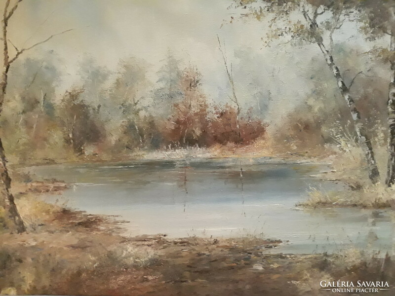 István Hunyady: autumn waterside landscape, original marked, old oil canvas
