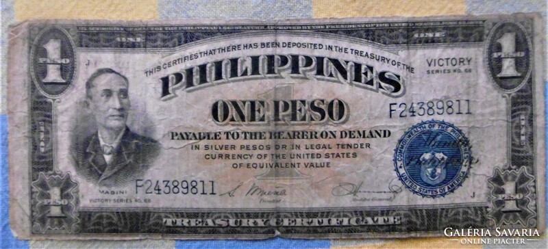 Fülöp szk 1944 1 Peso UK kék pecsét T3 Nagyon ritka VICTORY