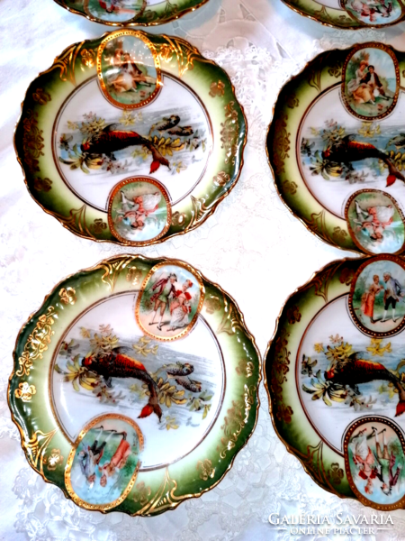 Antik,  bíder,  zsánerjelentes halas tányérok