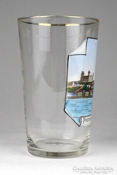 1J173 Régi kézzel festett Pozsony látképes fújt üveg pohár 11.5 cm