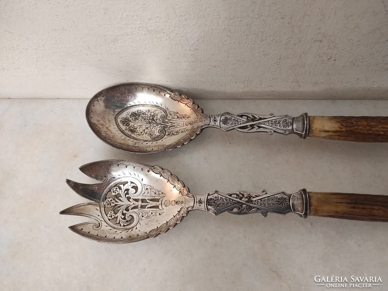 Antique salad set fork spoon metal deer antler handle hunter hunting 529 5969