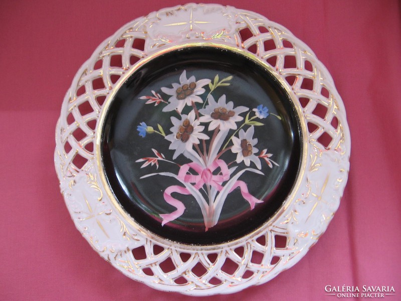 Openwork antique small plate with a hand-painted bouquet of mountain grass