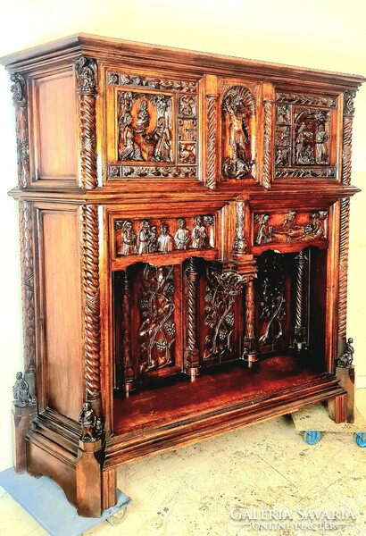 A591 antique, richly carved Renaissance, monastery cabinet with a biblical scene