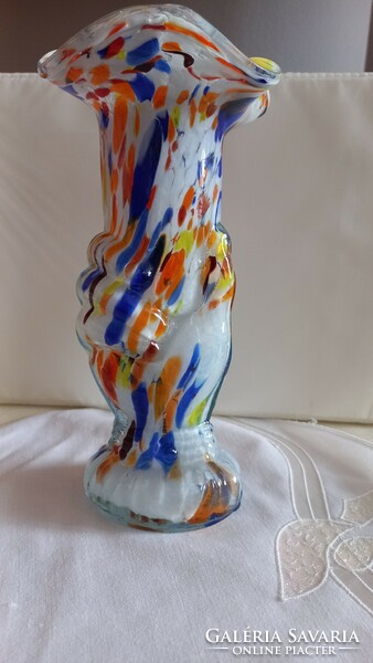 Hand-shaped colored, blown spatter glass vase with ruffled edges, flawless