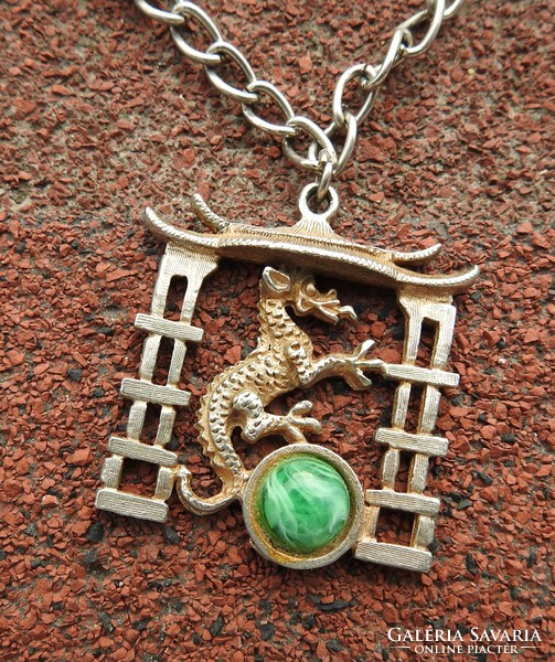 Oriental dragon green stone pendant - necklace - pendant