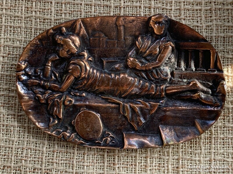 Cleopatra and Caesar bronze business card holder, wall decoration, table centre, with hanging option, 551 g.