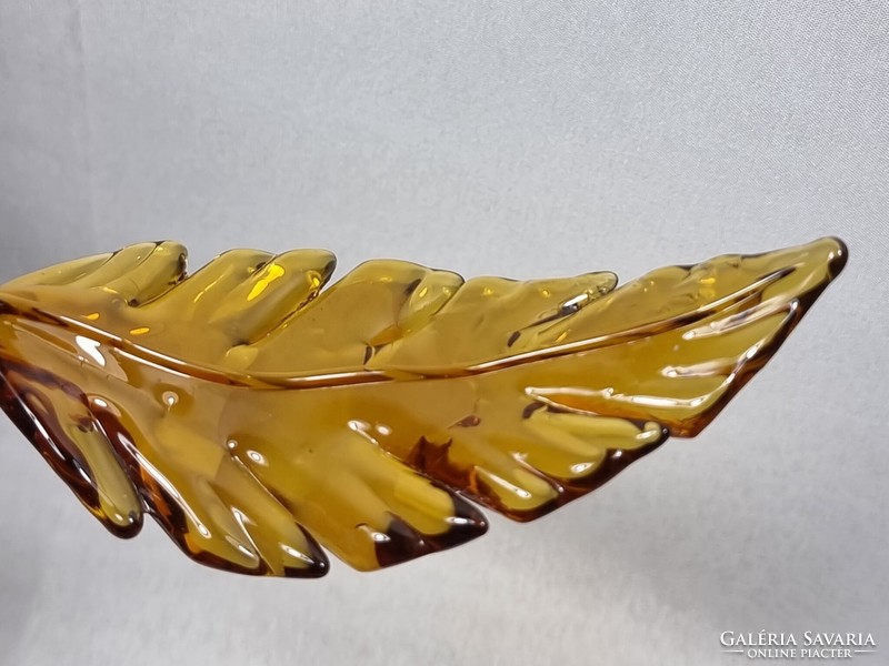 Amber-colored glass leaf-shaped decorative bowl, unmarked / frequently found home decoration.