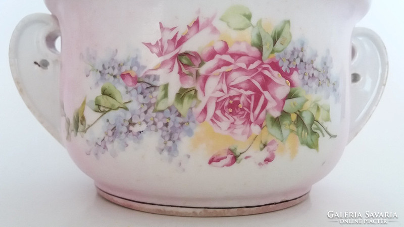 Antique coma bowl with pink forget-me-not old folk thick-walled porcelain bowl with forget-me-not pattern