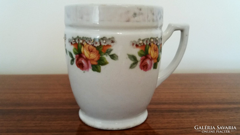 Old rosy porcelain cup with floral vintage mug 9 cm