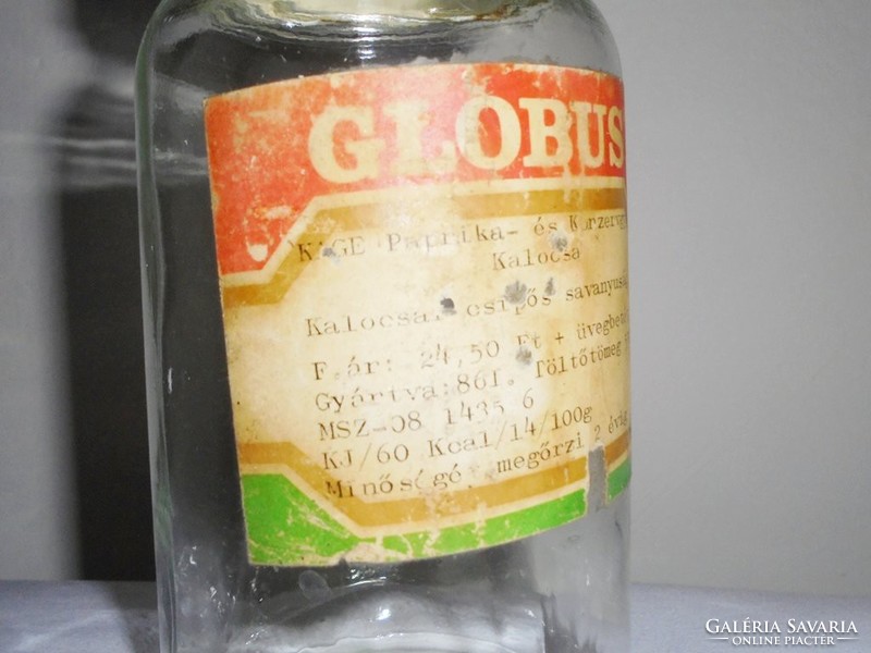 Retro Globus papír címkés befőttes üveg - KAGE Paprika és Konzervgyára Kalocsa - 1986-os évből