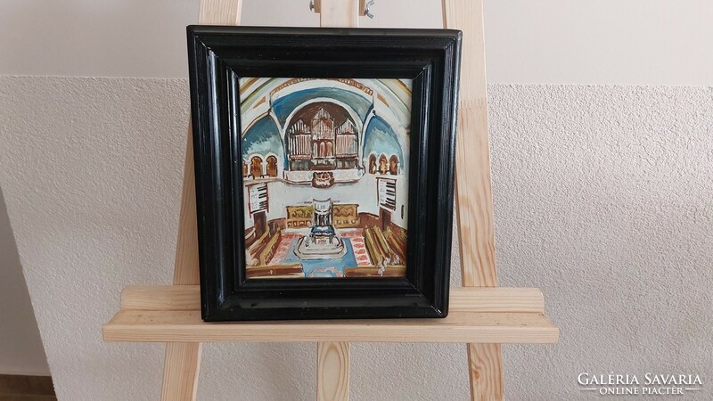 (K) Sédli István József festmény 32x28 cm kerettel templombelső enteriőr