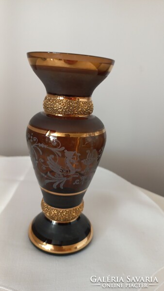 Vintage brown crystal vase, richly gilded, flawless, brown color, partly transparent