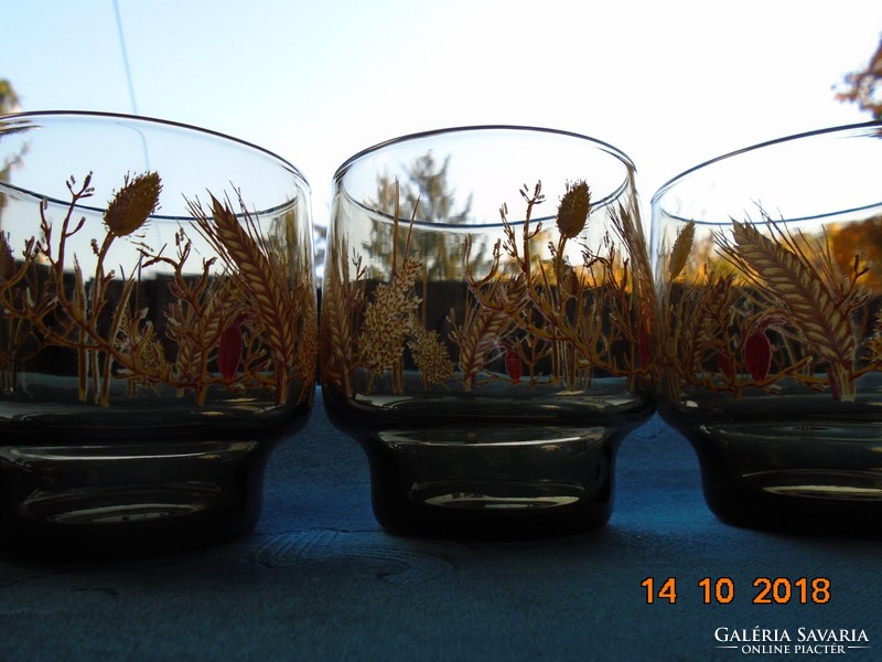 French smoke-colored glasses painted with a vintage autumnal plant pattern, 4 pcs