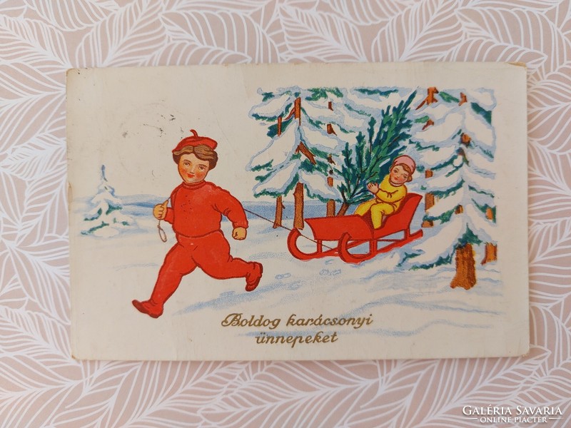Old Christmas postcard postcard kids sleigh