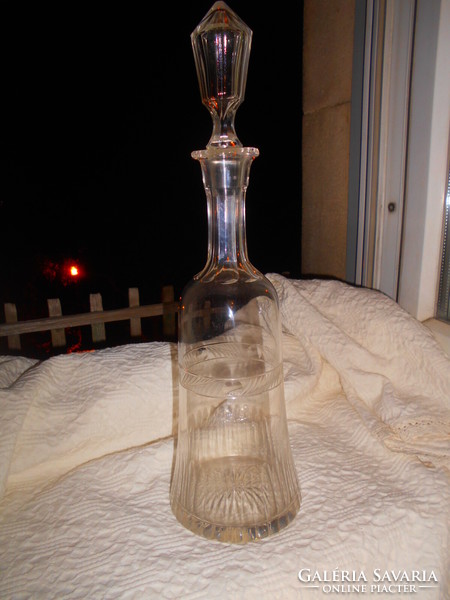Antique large-sized slim glass bottle, with cut, polished pattern, with stopper 40 cm