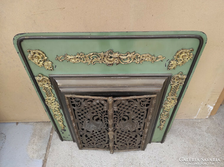 Antique fireplace stove frame inside with stove engraved iron brass overlay 986 6101