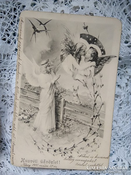 Antik hosszúcímzéses monokróm képeslap, Húsvét, angyalok, nyuszi, fecskék 1902