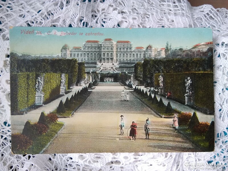 Antique colored postcard/photograph Vienna's belvedere palace garden, children with hoops around 1910
