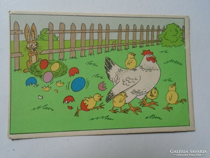 D191203 old postcard - Easter - a hen hatches from the painted eggs with her chicks - and the angry rabbit