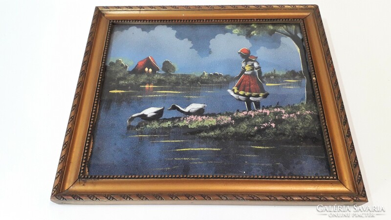 Girl grazing geese - textile image