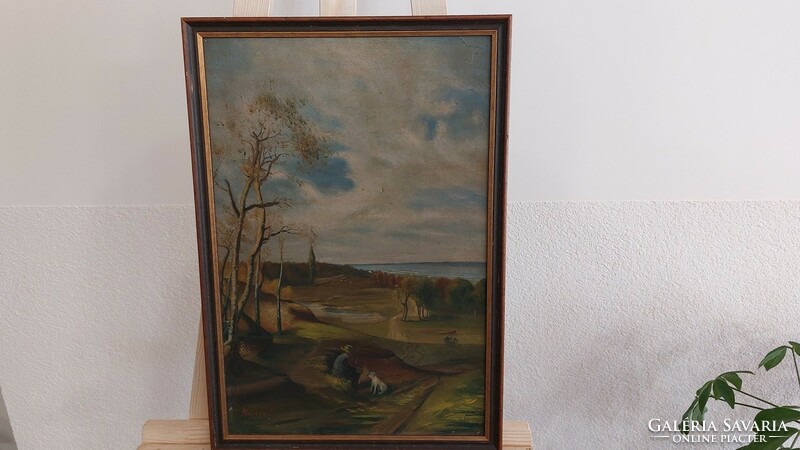 (K) signed landscape painting with a figure, with a dog, 36x53 cm frame. Oil, cardboard