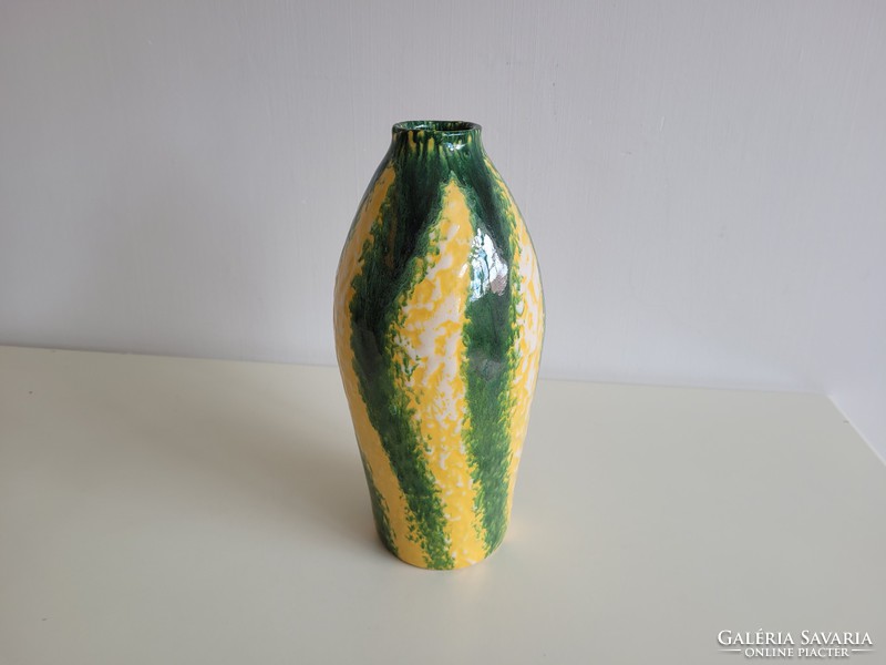 Old retro marked green yellow ceramic vase mid century