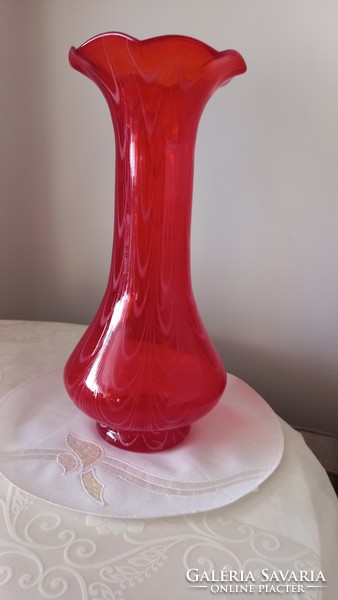 Old blown glass, fire red transparent, thick-walled, Murano?, Densely patterned, frilly edged glass vase