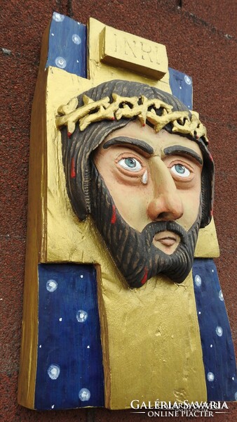 Naive art - Jesus wood carving - painted, carved needlework