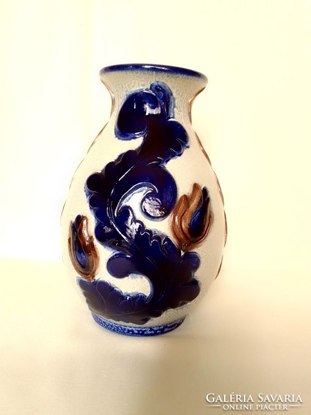 Vintage Old German Glaze Hand Painted Ceramic Hardware Vase, Pitcher, Marked, Cobalt Blue Pattern