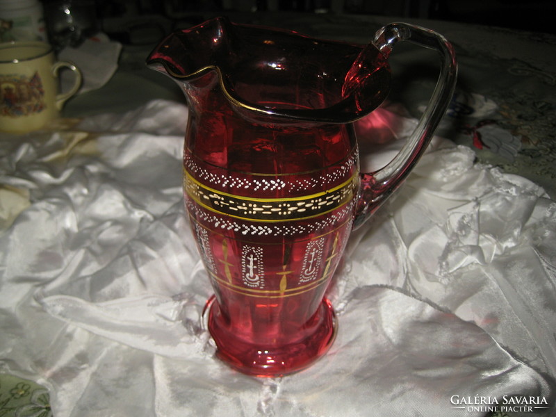 Antique English glass pourer, made by traditional blown process, beautifully gilded and painted