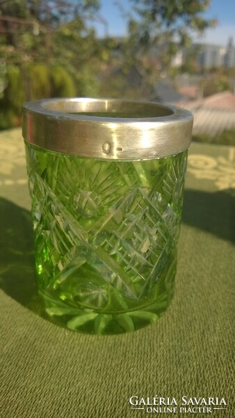 Fire green crystal vase-cup-candle holder slide with silver border