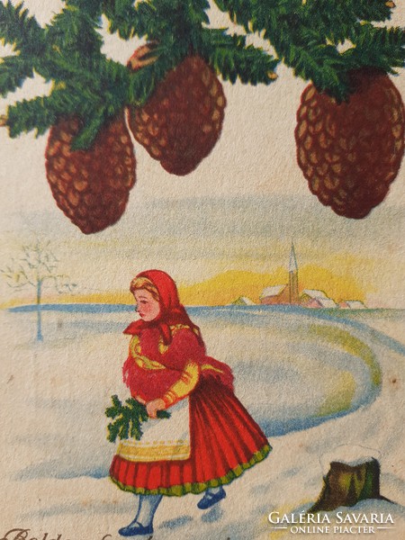 Régi karácsonyi képeslap 1941 rajzos népviseletes levelezőlap