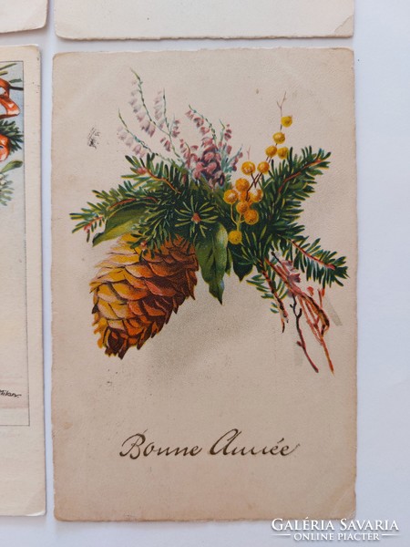 Old Christmas card postcard cone pine branch 4 pcs
