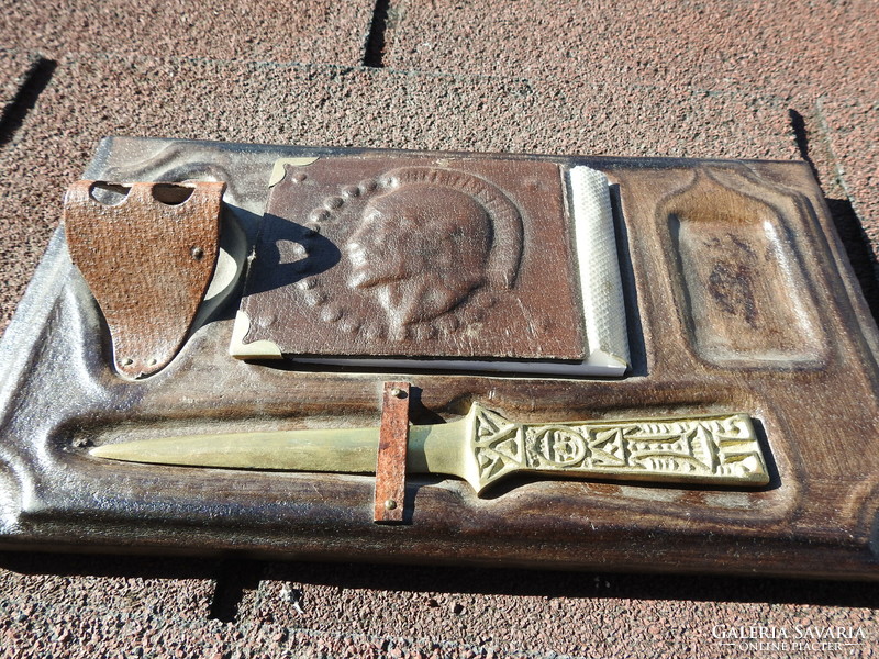 Old industrial leather file holder with copper paper cutter