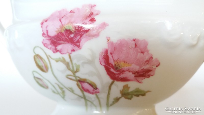 Régi virág mintás porcelán szószos mártásos tál pipacsos talpas kiöntő
