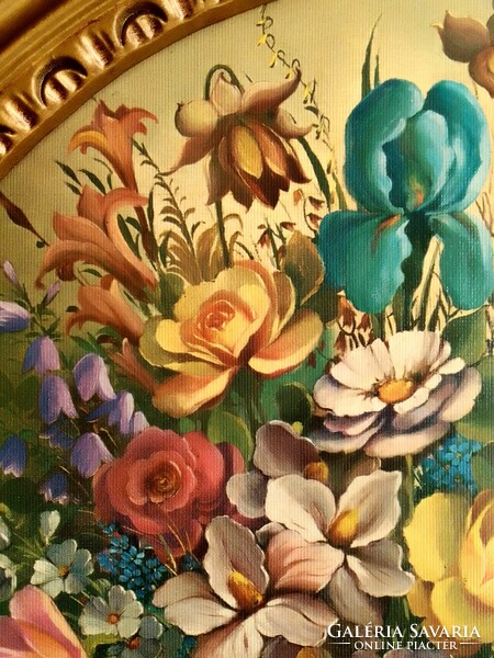 Csendélet, színes virágcsokor vázában, virágcsendélet, régi ovális vászonnyomat díszes keretben