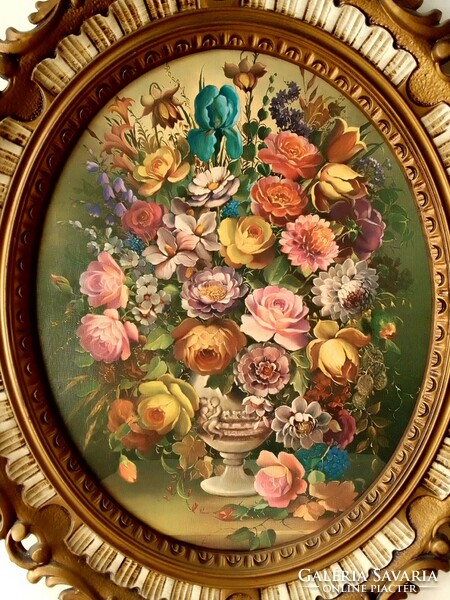 Csendélet, színes virágcsokor vázában, virágcsendélet, régi ovális vászonnyomat díszes keretben
