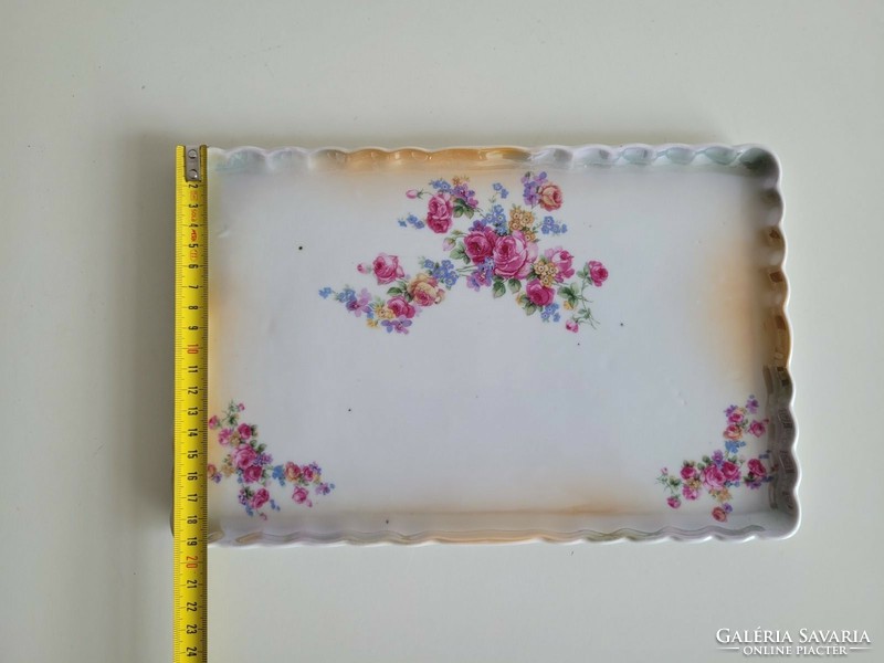 Régi Victoria porcelán tálca rózsás nefelejcses eozinos antik kínáló 30 x 19 cm