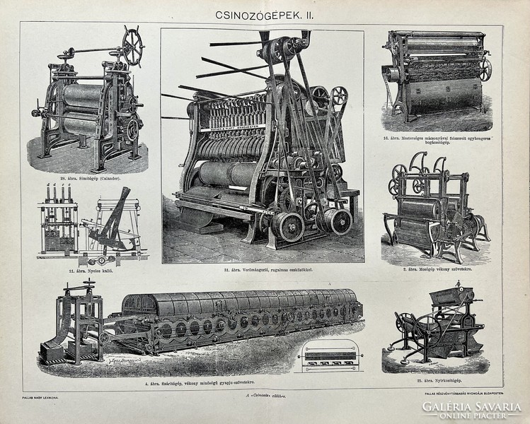 Antik 19.sz csinozógépek II műszaki nyomat-papír- ábra,gépészet, mechanizmus,henger,gőz,Perzselő