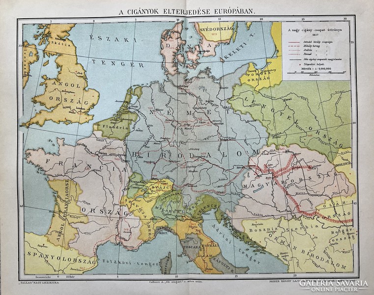 Antik 19.sz Cigányok elterjedése Európában térkép nyomat- papír- földrajz, megye, plakát