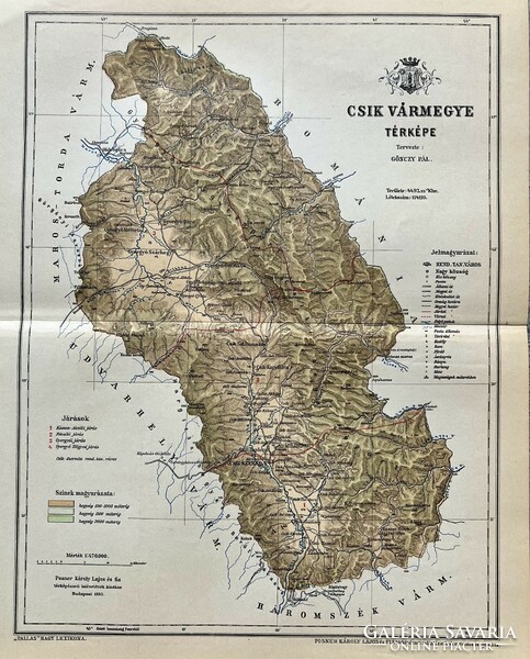 Antik 19.sz Csik vármegye térkép nyomat- papír- földrajz, megye, plakát