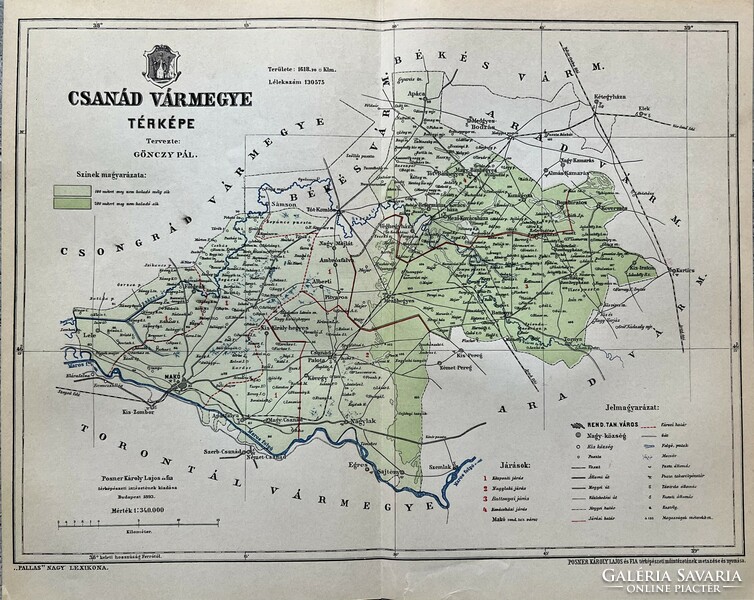 Antik 19.sz Csanád vármegye térkép nyomat- papír- földrajz, megye, plakát
