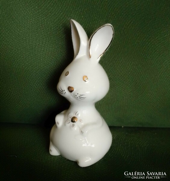 Rare aquincum porcelain rabbit bunny figure sculpture with white gold painting, marked, gray tailor antónia