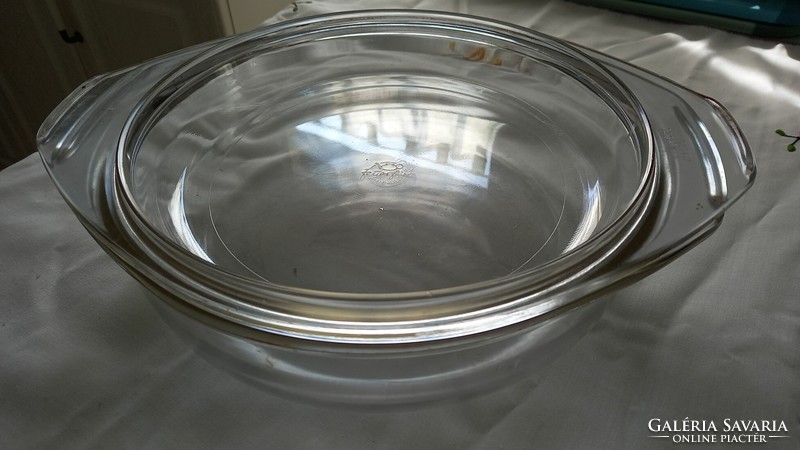 Heat-resistant glass bowl with lid, saale glas (Jena style round bowl, glass)