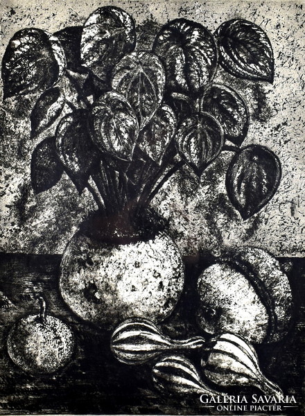 Etching with an unknown sign, still life with pumpkins