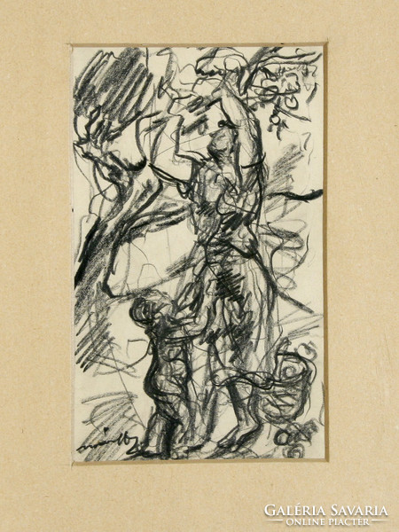 Márffy ödón - apple harvest | mother with her child 46x33cm pencil paper pencil drawing