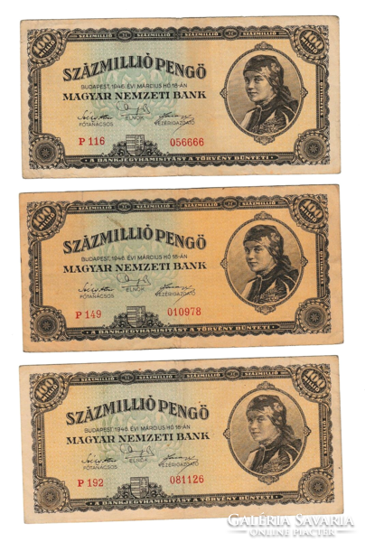 1946 - One hundred million pengő banknotes - p 116, p 149 and p 192 - lot of 3